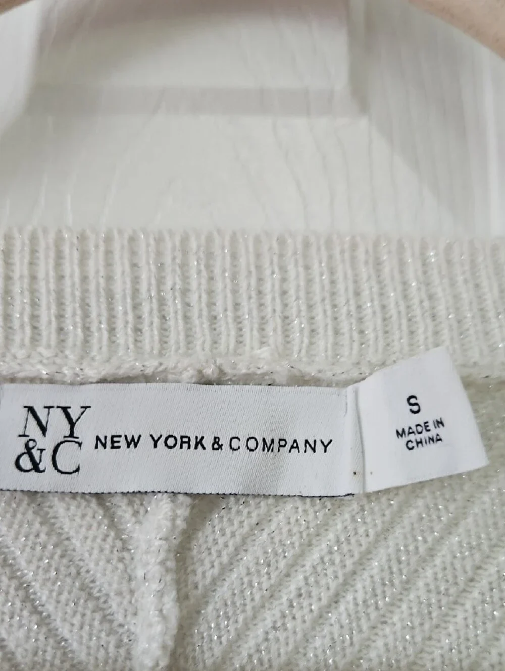 New York & Company Cream V-Neck Sweater with Pearl & Silver Bead Detail